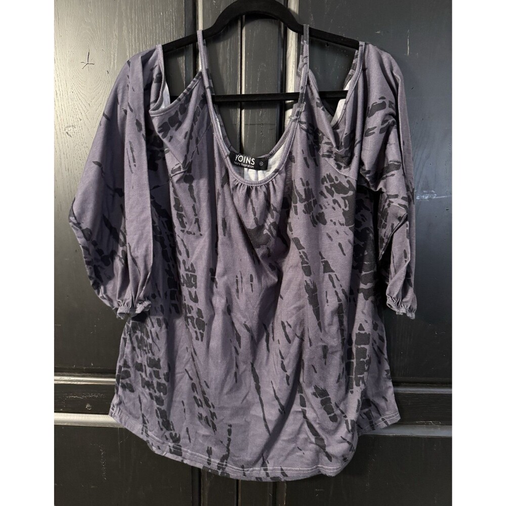 YOINS Gray Black Abstract Cold Shoulder Scoop Neck 3/4 Sleeve Knit Tunic XL